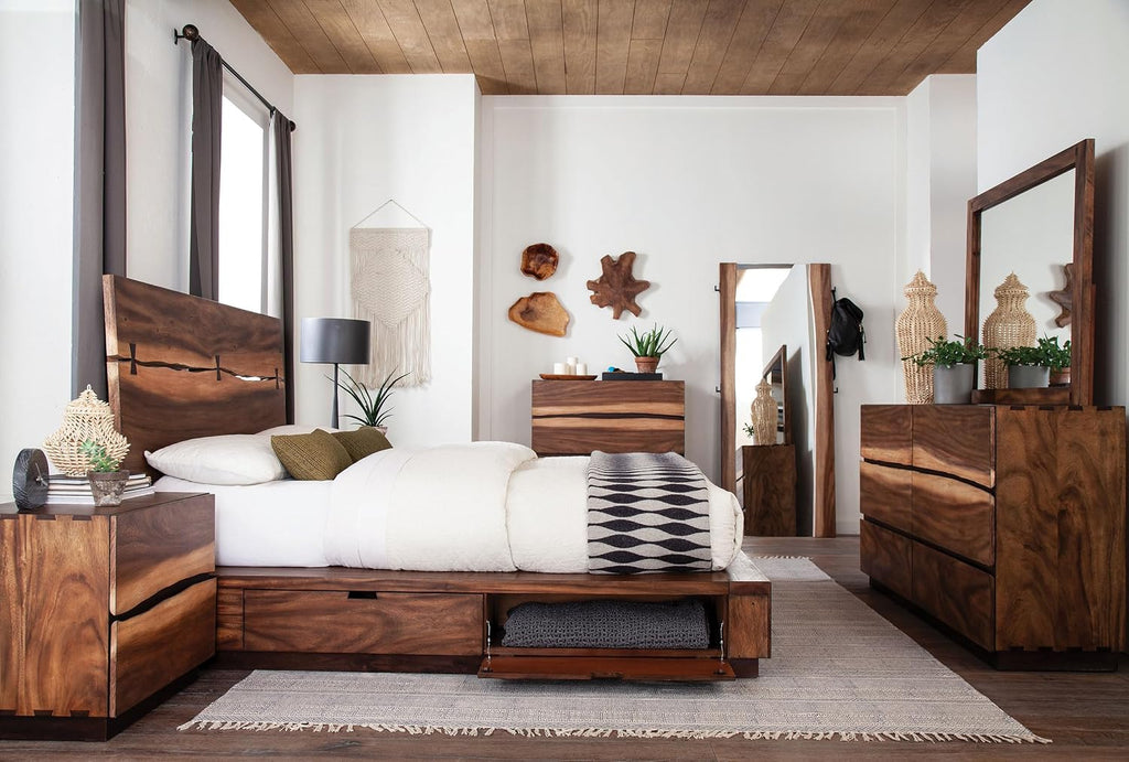 Coaster Home Furnishings Winslow Farmhouse 5-Piece Bedroom Set Live Edge Queen Size Storage Bed Frame 54-inch Headboard Smokey Walnut and Coffee Bean 223250SQ-S5