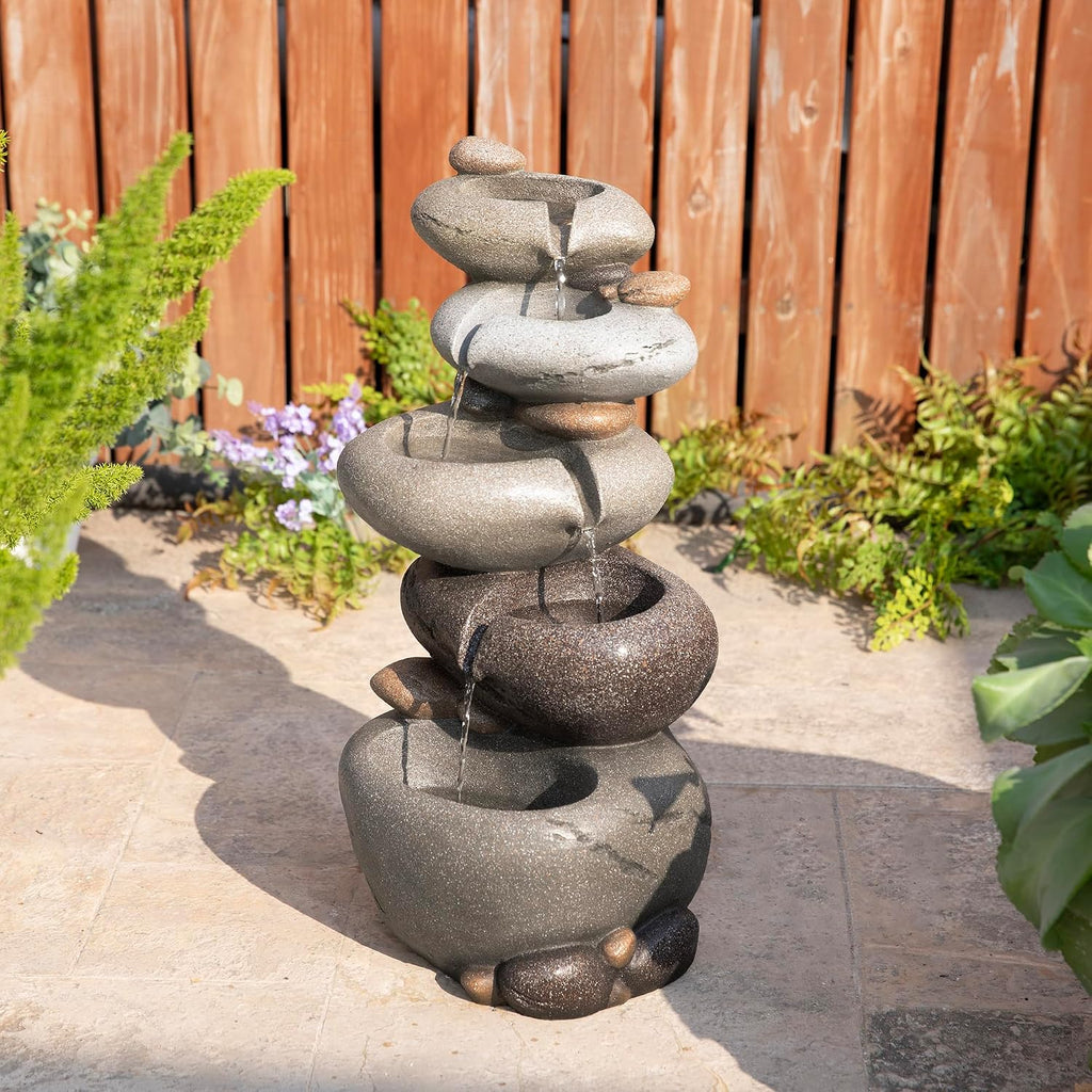 Glitzhome Water Fountain Outdoor, 5-Tiered Stacked Pebbles Outdoor Fountain with LED Lights and Pump, 24.5' H Zen Style Polyresin Waterfall Fountain Water Feature for Garden, Yard, Patio, Porch Decor