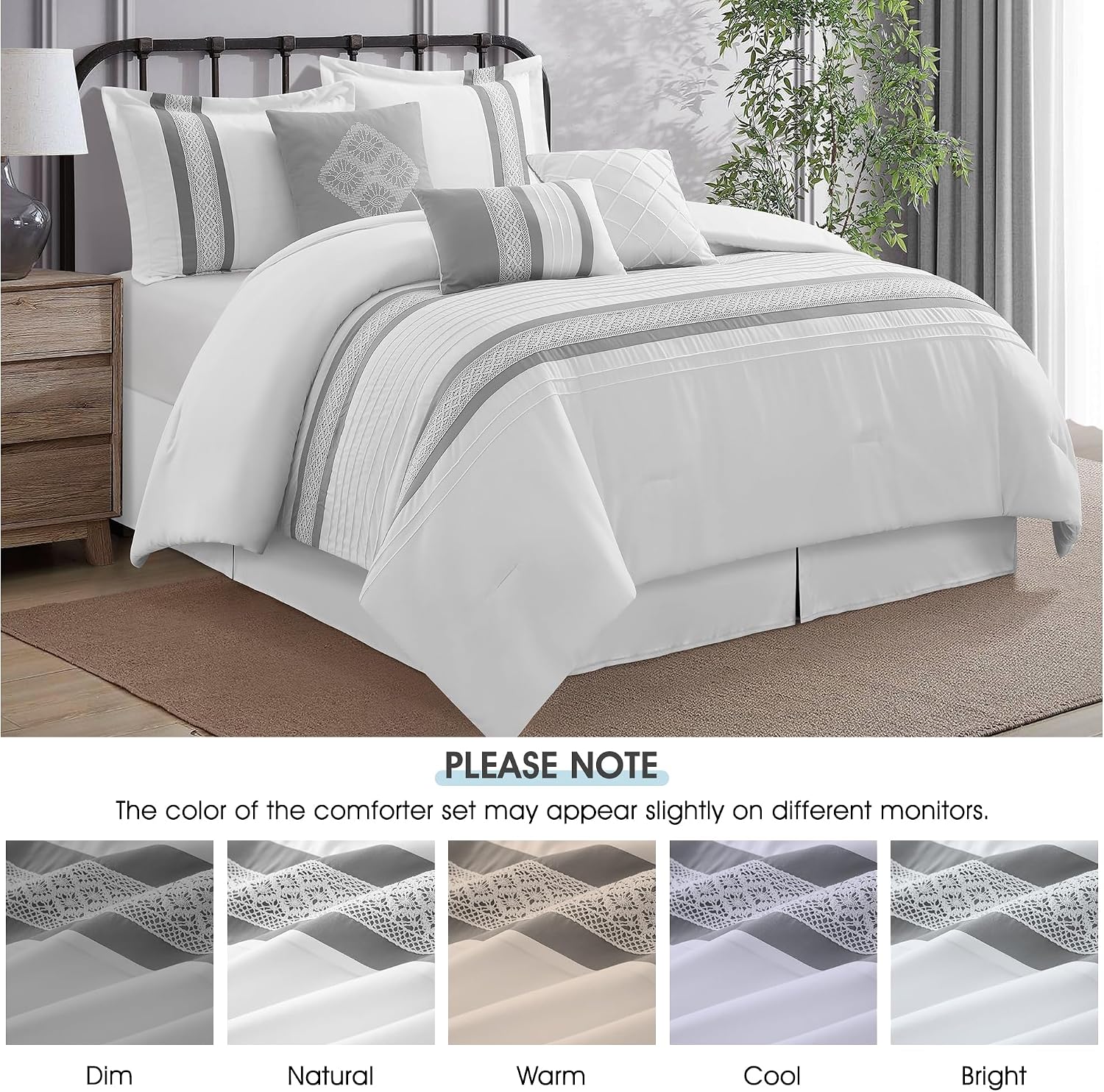LANCO MODERN LIFESTYLE 7 Piece Comforter Set, Grey White, King Size, Boho Style Geometric Microfiber Embroidery, Bed in a Bag with Bedskirt, Pillow Shams and Decor Pillows
