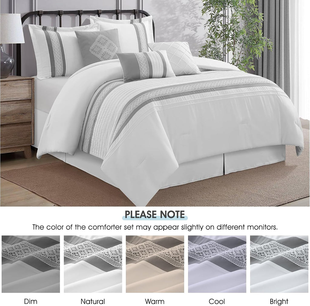 LANCO MODERN LIFESTYLE 7 Piece Comforter Set, Grey White, Queen Size, Boho Style Geometric Microfiber Embroidery, Bed in a Bag with Bedskirt, Pillow Shams and Decor Pillows