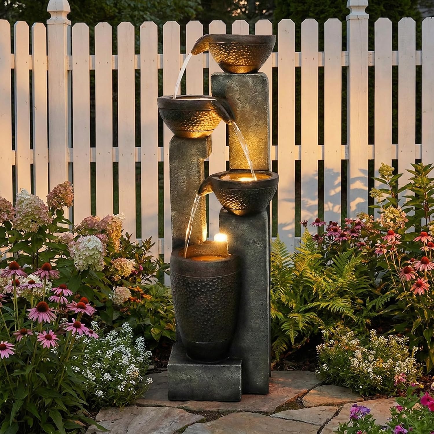 Hamiedun 40''H Water Fountain Outdoor Decor, 4-Tier Crocks Fountains for Outsides with LED Lights, Indoor Waterfalls Fountain for Garden, Patio, Deck, Porch, Backyard and Home Art Decor (40inch)