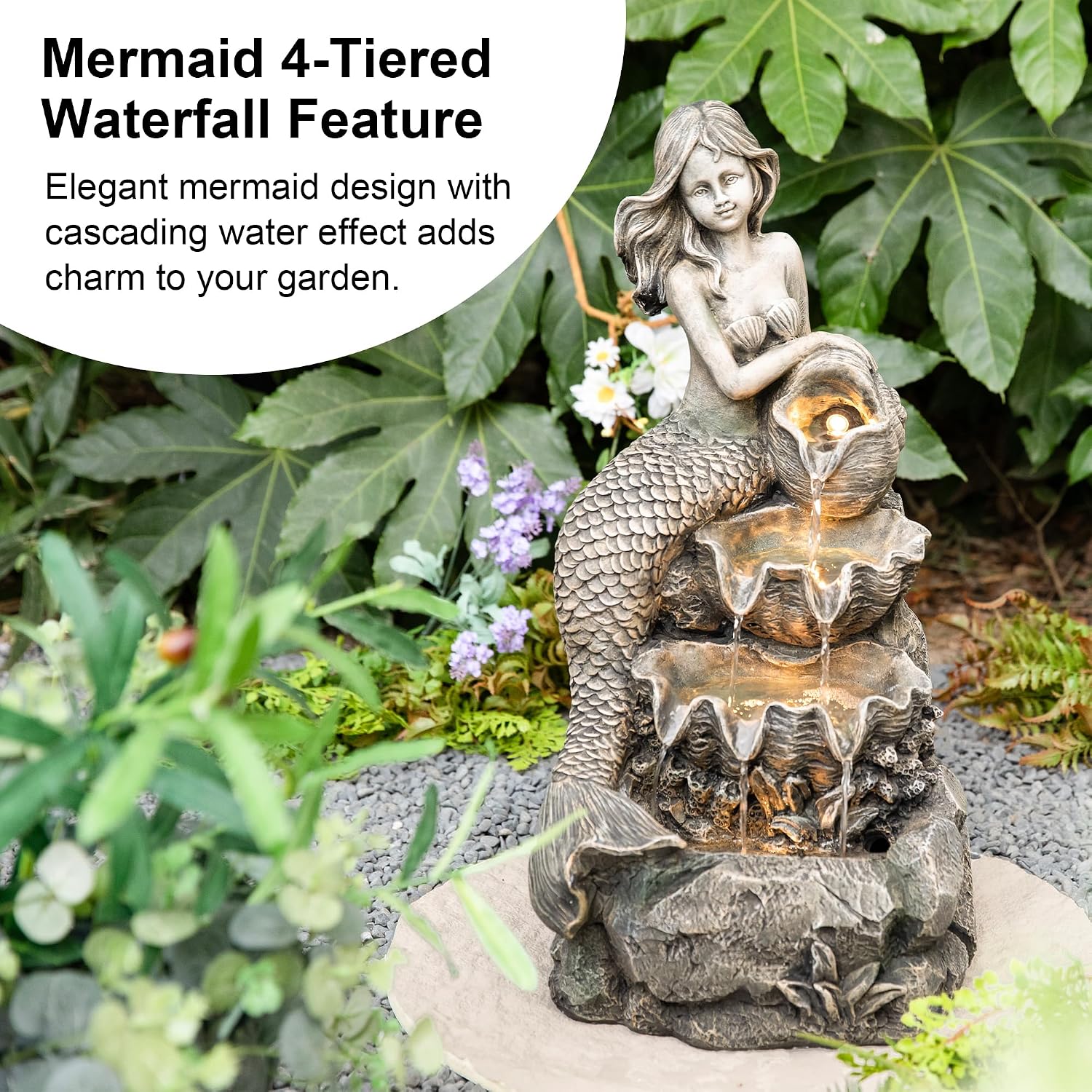 Glitzhome Water Fountain Outdoor, Outdoor Fountain with Lights & Pump, 22.25' H 4-Tiered Concrete Mermaid Polyresin Waterfall Floor Standing Water Feature for Garden, Patio, Yard, Deck, Porch