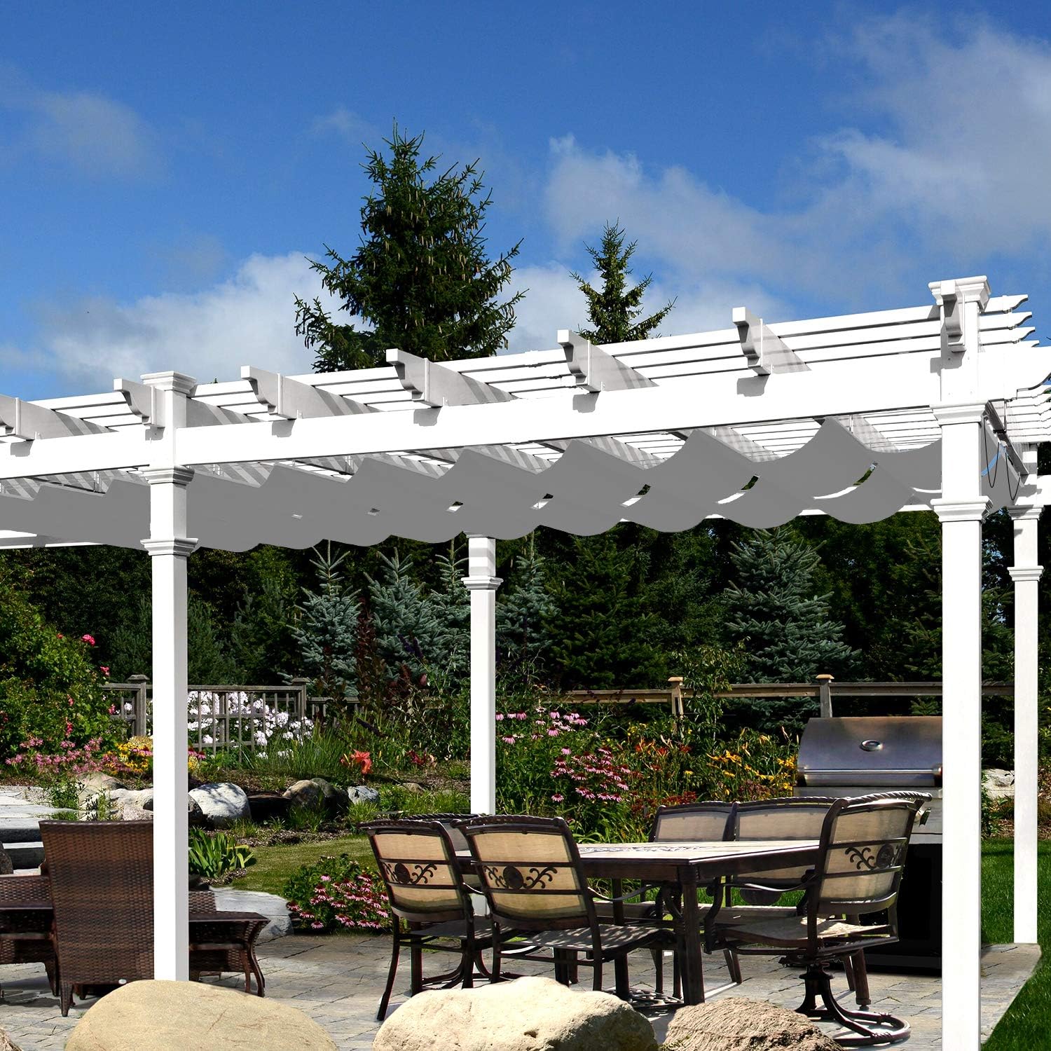 TANG 4' x 16' Waterproof Pergola Shade Cover Retractable Sun Shades Outdoor Patio Pergolas Canopy Replacement Pergola Kit, Wave Shade Sail with Hardware Wire Cable, Light Grey