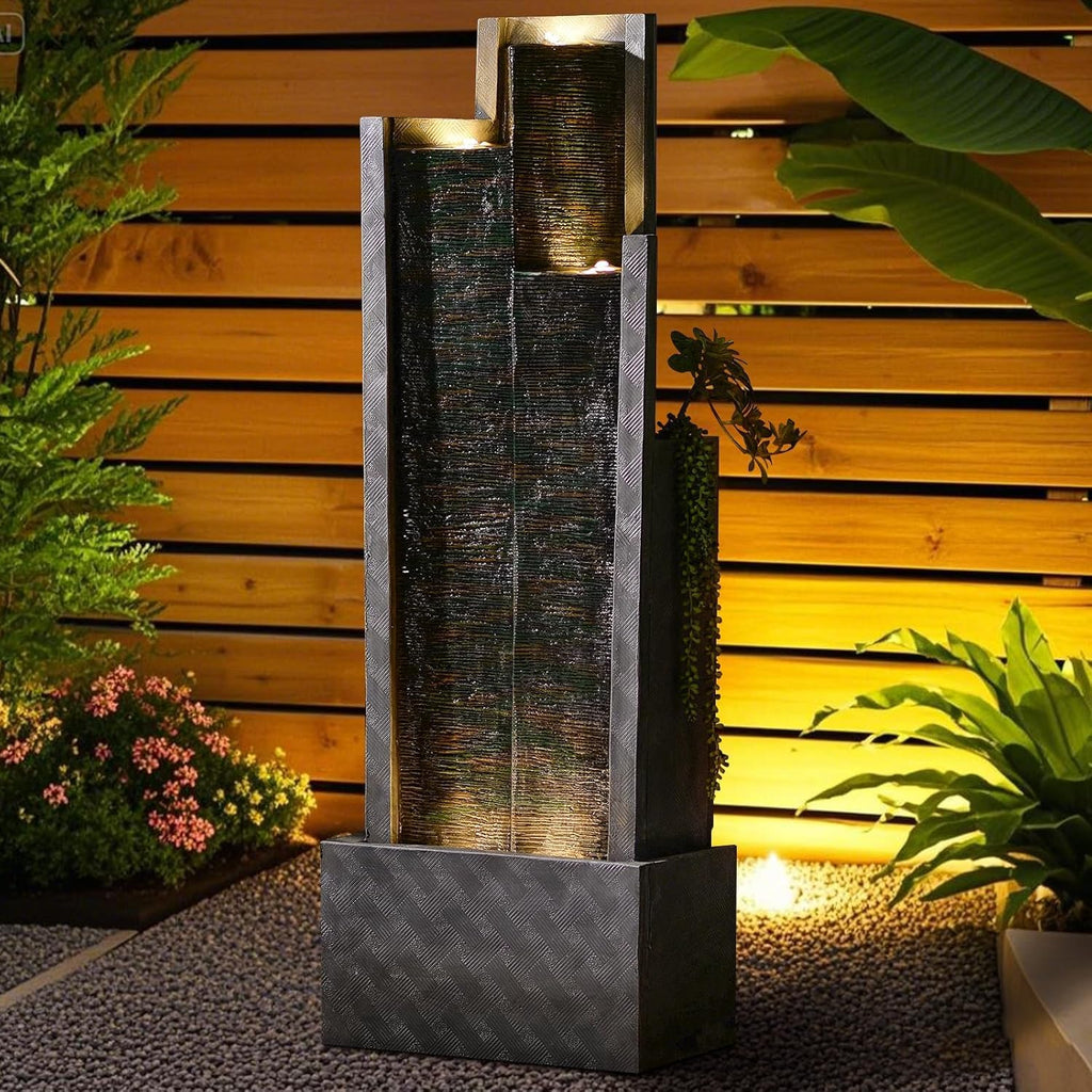 Sunlinua 49.6H Modern Outdoor Water Fountain with LED Light Garden Cascading Waterfall Feature for Indoor or Outdoor Cascading Waterfall for Relaxing Garden Patio Backyard Porch or Home Décor