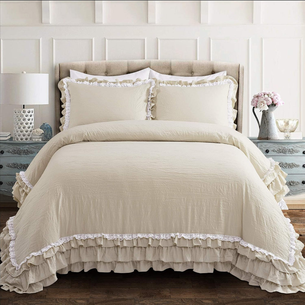 Lush Decor Ella Ruffle Lace Comforter, 3 Piece Set, King, Neutral - Cute Comforter - King Bedding Set - Beige Bedding - Coquette Decor - Beige Lace Trim - Ruffle Trim