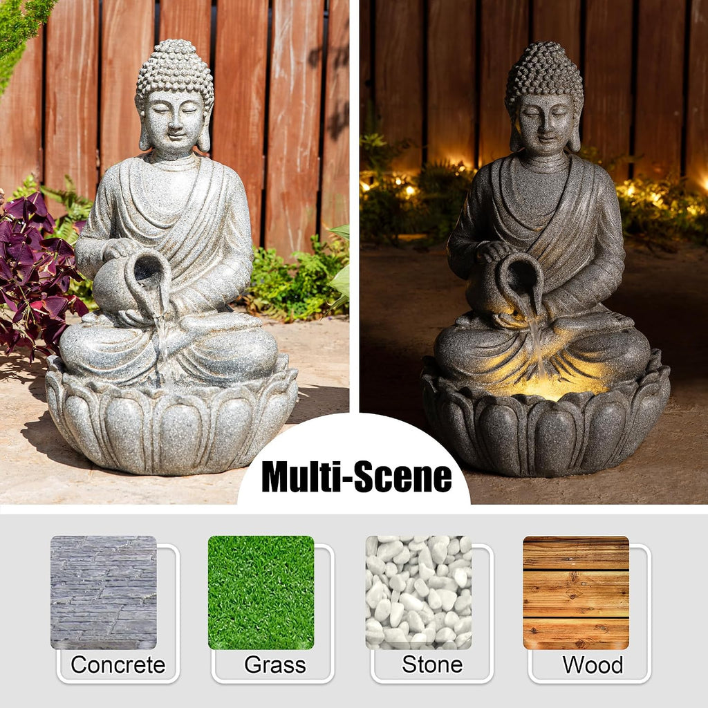 Glitzhome Buddha Fountain Outdoor 20.5' H, 2-Tier Zen Style Concrete Meditating Buddha Statues Water Fountains with Pump & LED Light, Buddhas Floor Fountains Sculpture for Garden Patio Backyard