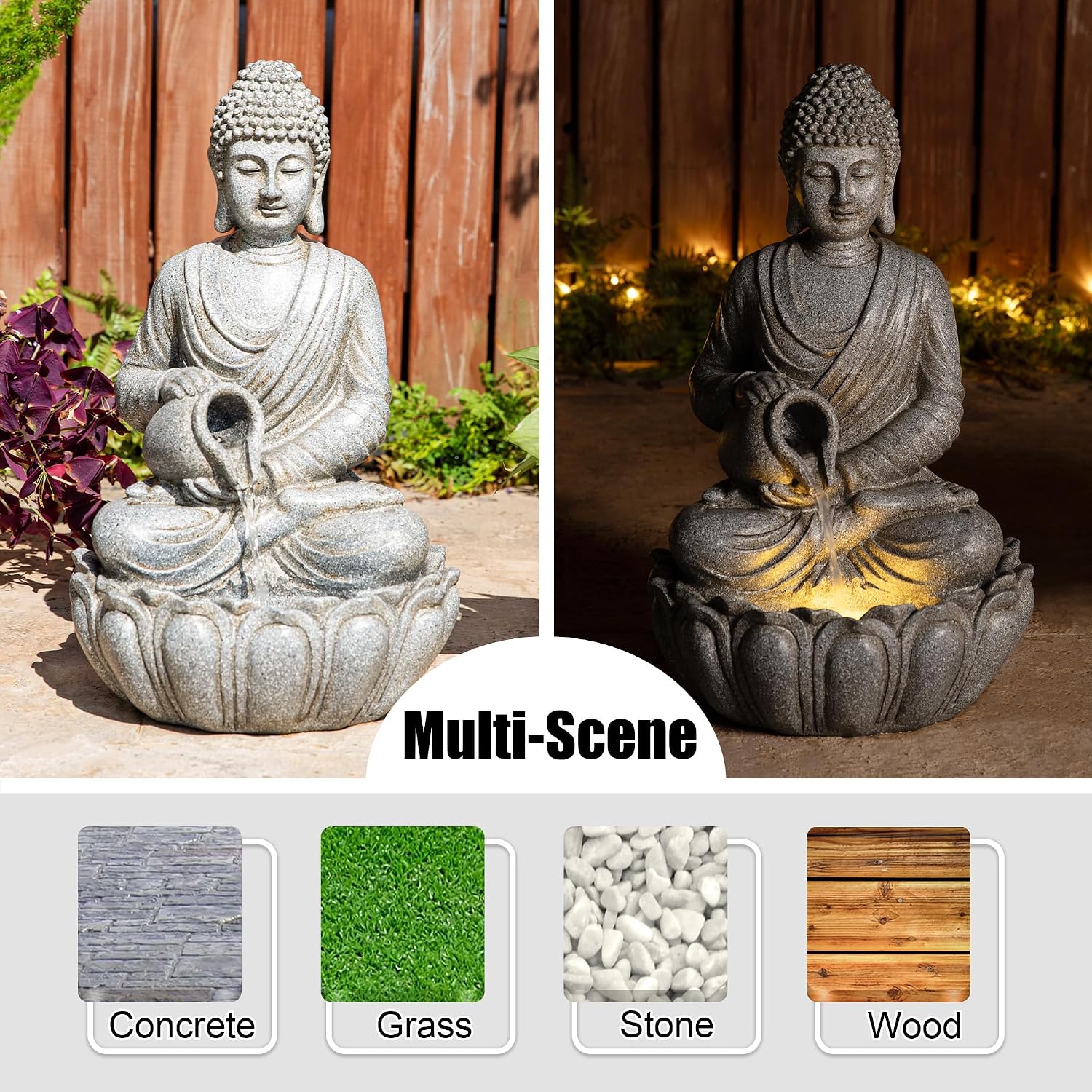 Glitzhome Buddha Fountain Outdoor 20.5' H, 2-Tier Zen Style Concrete Meditating Buddha Statues Water Fountains with Pump & LED Light, Buddhas Floor Fountains Sculpture for Garden Patio Backyard