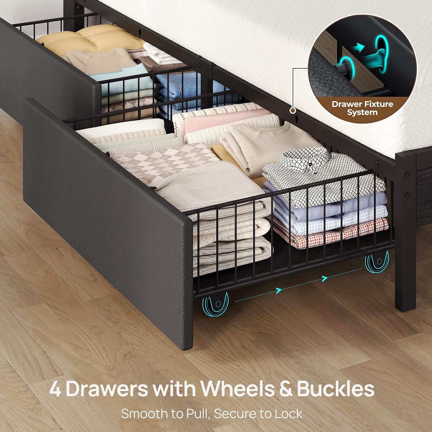 Rolanstar Twin Bed Frame with 4 Drawers, LED Lights and Charging Station, Metal Platform Bed with Storage Headboard, Noise Free, Easy Assembly, No Box Spring Needed, Black
