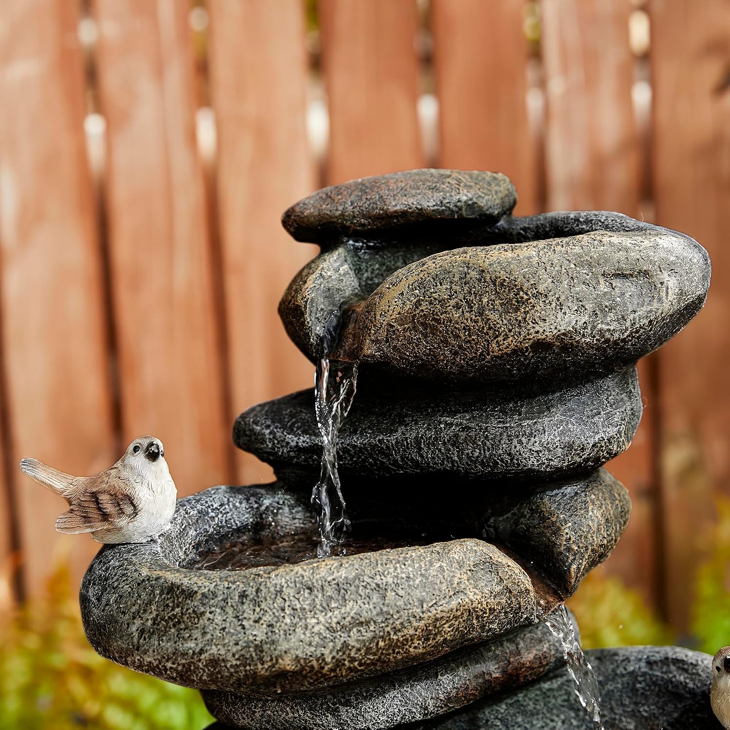 Glitzhome 5-Tier Cascading Rock Outdoor Water Fountain with LED Light & Pump, Natural Stacked Stone Look Water Fountain with Lively Birds for Garden, Patio, Porch, 23'H