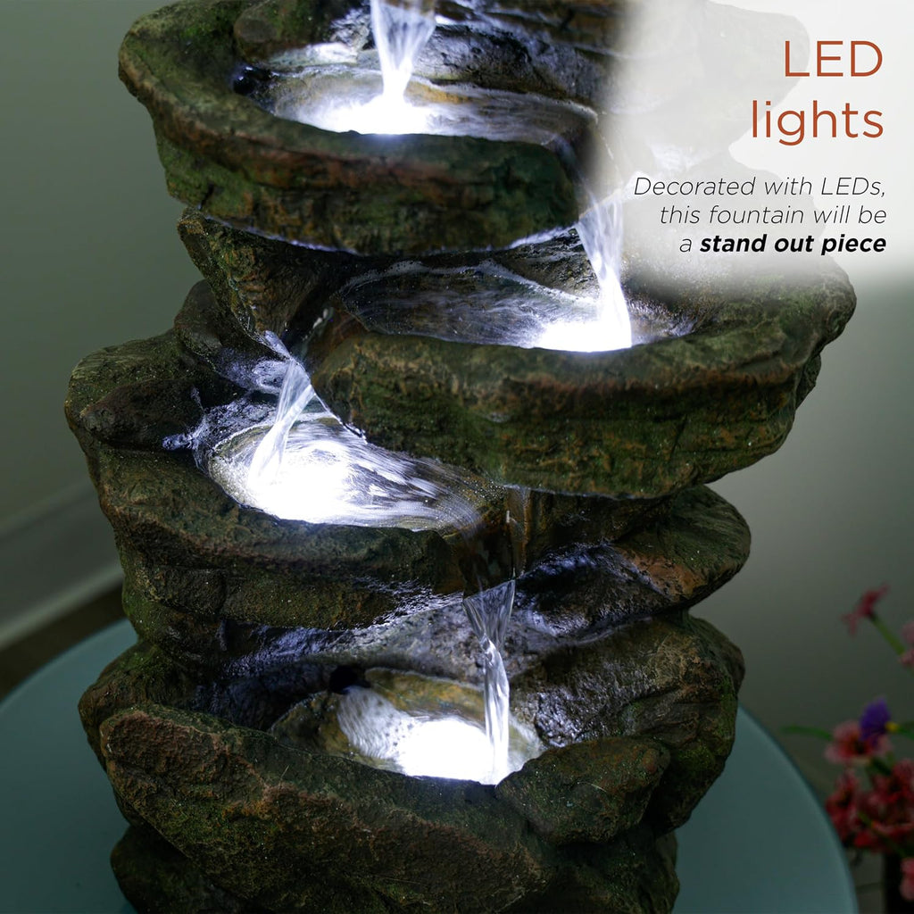 Alpine Corporation 20' H Outdoor Multi-Level Rock Floor Fountain with LED Lights, Brown