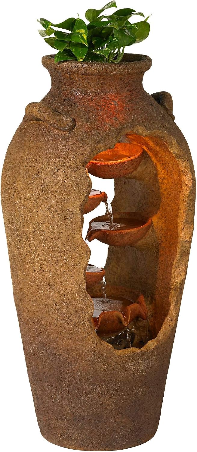 Nathan Cascade 33' High Large Rustic Outdoor Decor Faux Stone Floor Fountain with Light LED Urn with Planter Waterfall Standing Water Feature for Outside Garden Patio Yard Backyard - John Timberland