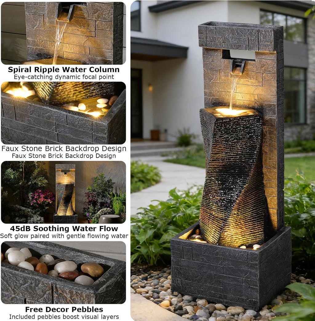 39.8'' Tall Modern Spiral Waterfall Fountain Outdoor/Indoor Water Fountain Resin Stone-Like Water Feature with LED Lights for Outside, Garden, Patio, Porch, Deck, Backyard, Home Decor