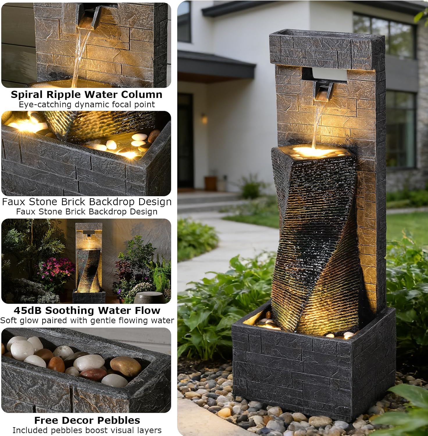 39.8'' Tall Modern Spiral Waterfall Fountain Outdoor/Indoor Water Fountain Resin Stone-Like Water Feature with LED Lights for Outside, Garden, Patio, Porch, Deck, Backyard, Home Decor