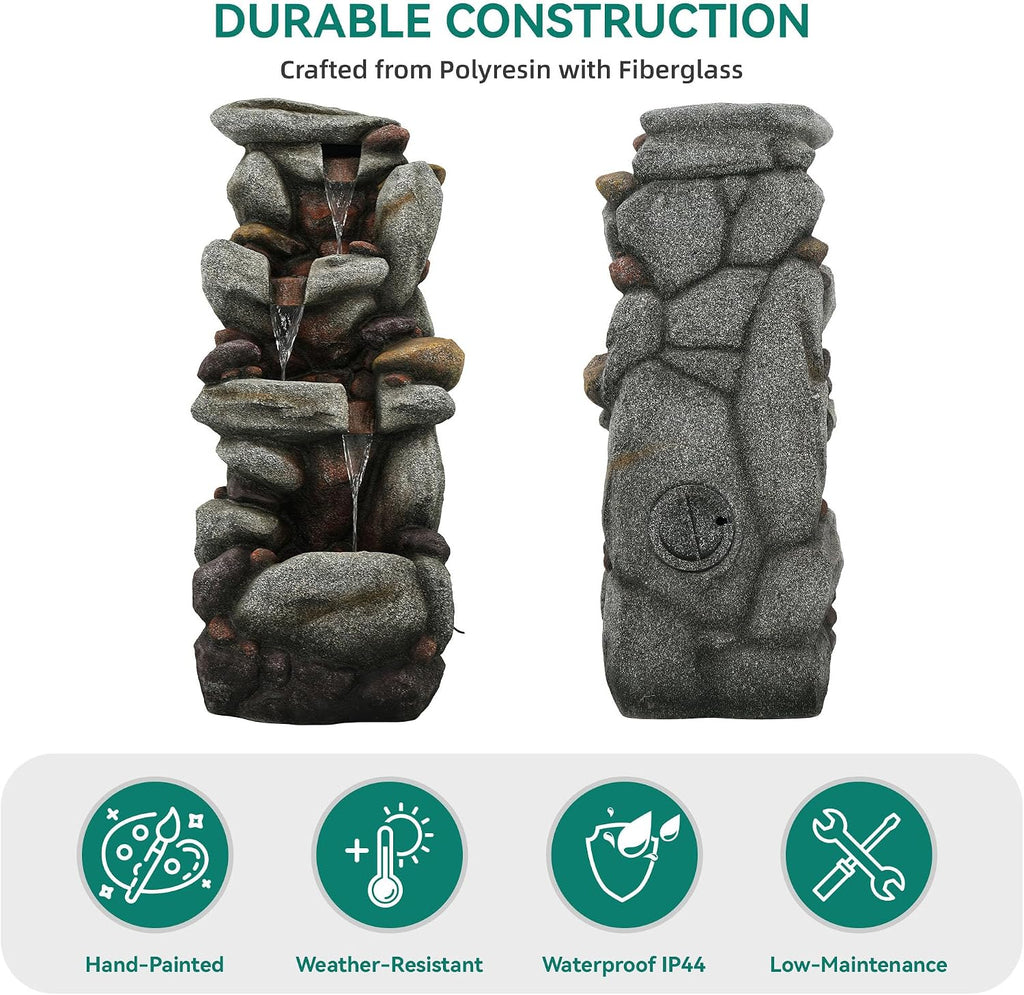 Utym 40' H Oversized Rock Outdoor Fountain with Warm LED Lights, 3-Tier Extra-Large Stacked River Pebbles Waterfall, Weather-Resistant Resin Feature for Garden Patio Yard