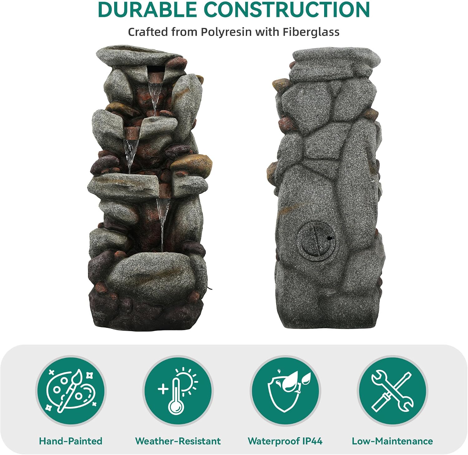 Utym 40' H Oversized Rock Outdoor Fountain with Warm LED Lights, 3-Tier Extra-Large Stacked River Pebbles Waterfall, Weather-Resistant Resin Feature for Garden Patio Yard