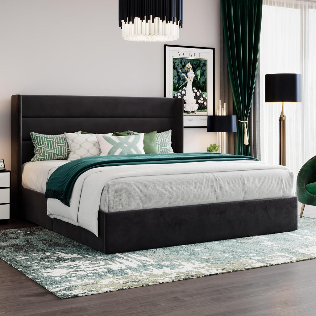 SHA CERLIN King Size Lift Up Storage Bed/Velvet Upholstered/Modern Wingback Headboard/Upholstered Platform Bed Frame/Hydraulic Storage/No Box Spring Needed/Black