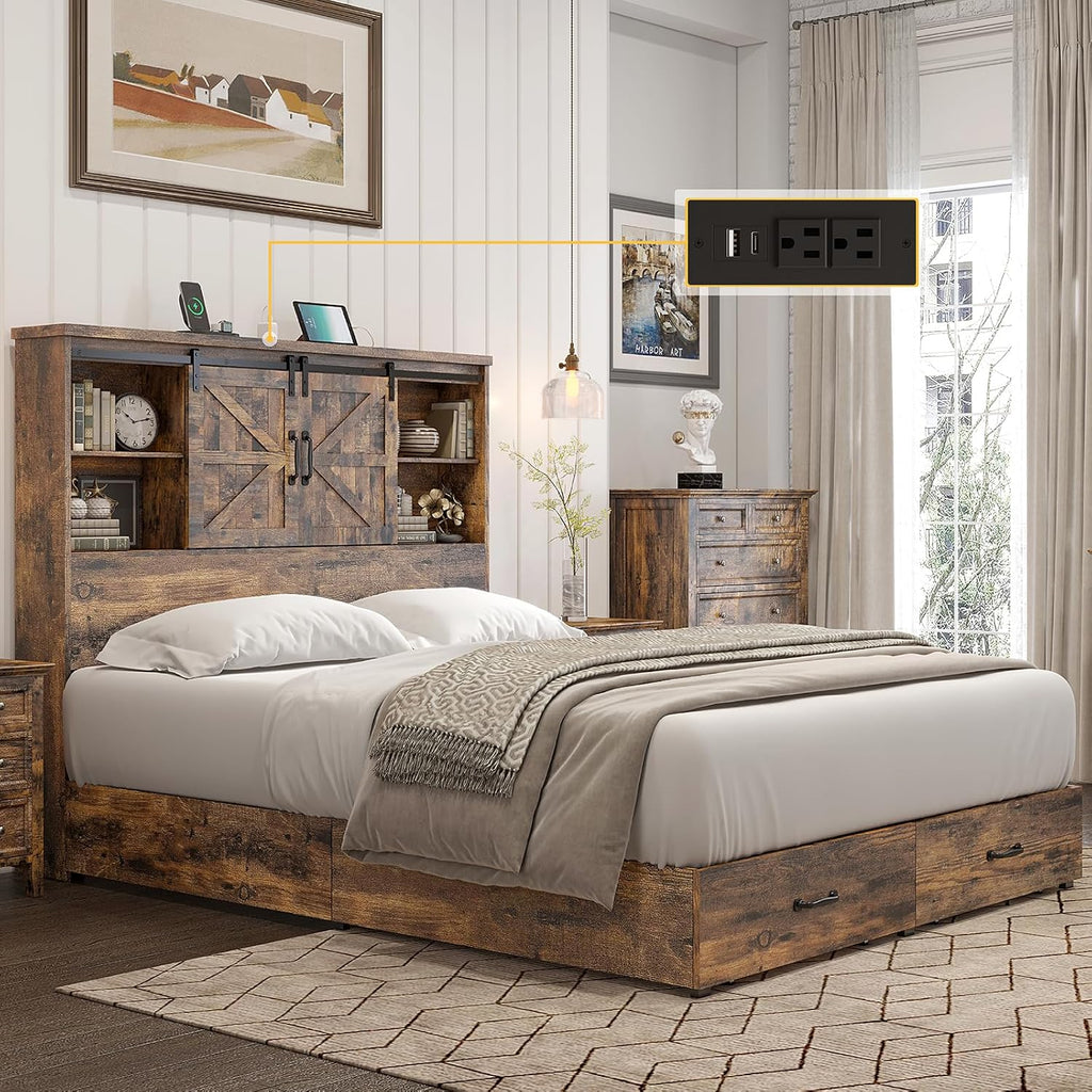 HOWE Farmhouse Queen Size Bed Frame with 51.2' Bookcase Headboard, Wooden Platform Bed with 2 Drawers, Sliding Barn Door Dec, Storage Bed with Charging Station, No Box Spring Needed, Rustic Brown