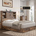 HOWE Farmhouse Queen Size Bed Frame with 51.2' Bookcase Headboard, Wooden Platform Bed with 2 Drawers, Sliding Barn Door Dec, Storage Bed with Charging Station, No Box Spring Needed, Rustic Brown