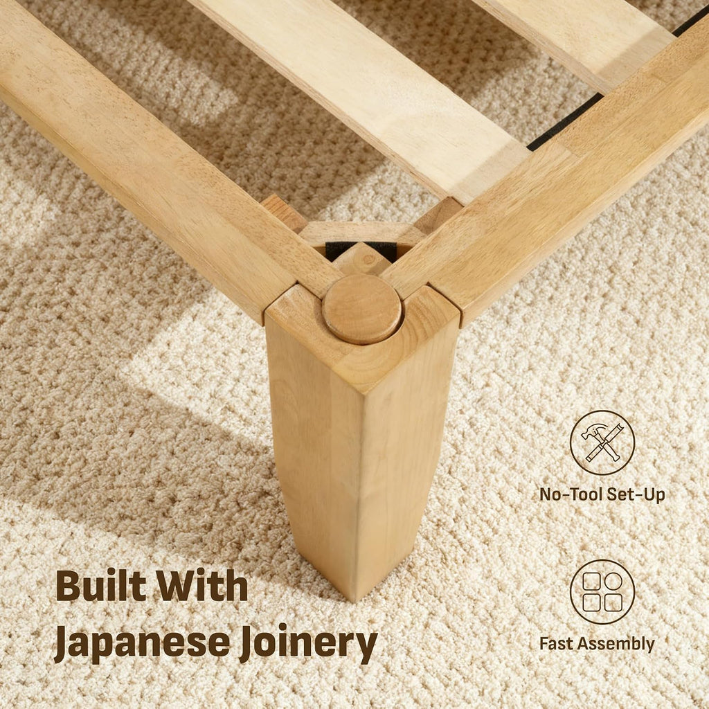 Softa Mikor Queen Japanese Joinery Bed Frame with Headboard, Solid Rubberwood Platform Bed, 1500 Lbs Heavy Duty, SGS Certified, 15Min No-Tool Setup, Storage Shelf, USB-A/C Port, No Box Spring Needed