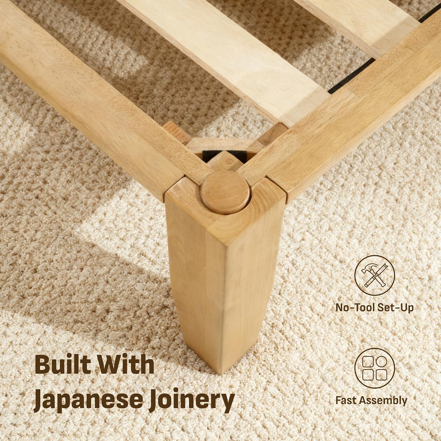 Softa Mikor Queen Japanese Joinery Bed Frame with Headboard, Solid Rubberwood Platform Bed, 1500 Lbs Heavy Duty, SGS Certified, 15Min No-Tool Setup, Storage Shelf, USB-A/C Port, No Box Spring Needed