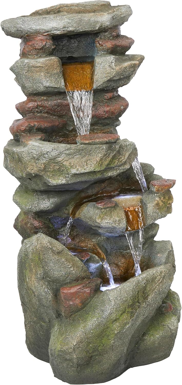 Alpine Corporation 31' Tall Outdoor 4-Tier Rock Floor Fountain, Cascading Waterfall with Cool White LED Lights, Gray