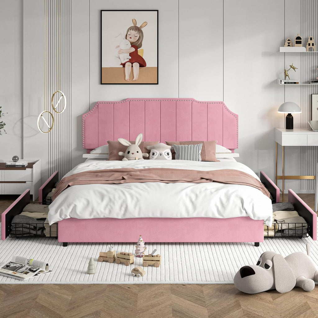 VECELO Queen Upholstered Platform Bed Frame with 4 Storage Drawers,Velvet Vintage Queen Bed with Nailhead Trim,Tufted Height Adjustable Headboard,Wooden Slats/No Box Spring Needed/Easy Assembly