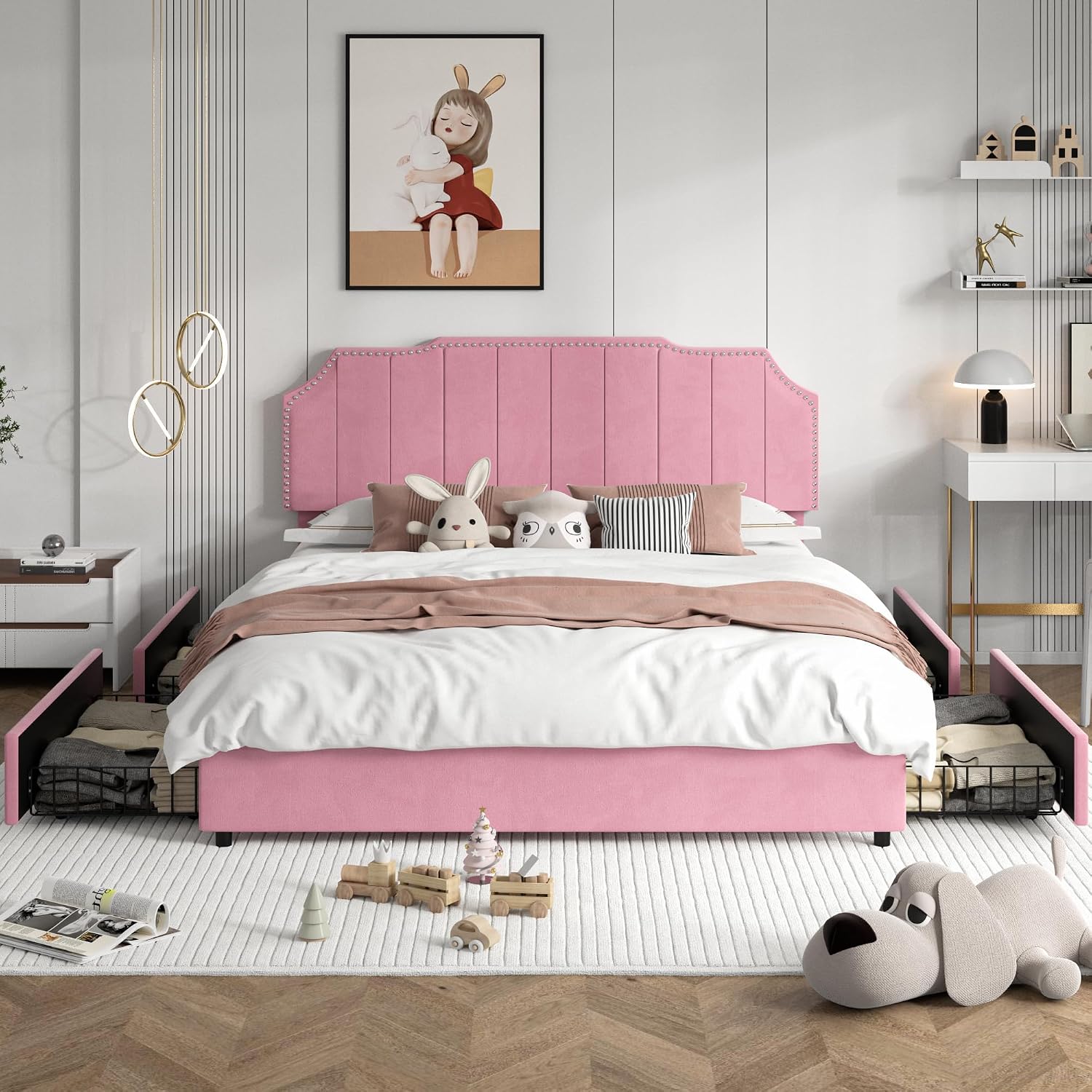VECELO Full Upholstered Platform Bed Frame with 4 Storage Drawers,Velvet Vintage Full Bed with Nailhead Trim,Tufted Height Adjustable Headboard,Wooden Slats/No Box Spring Needed/Easy Assembly