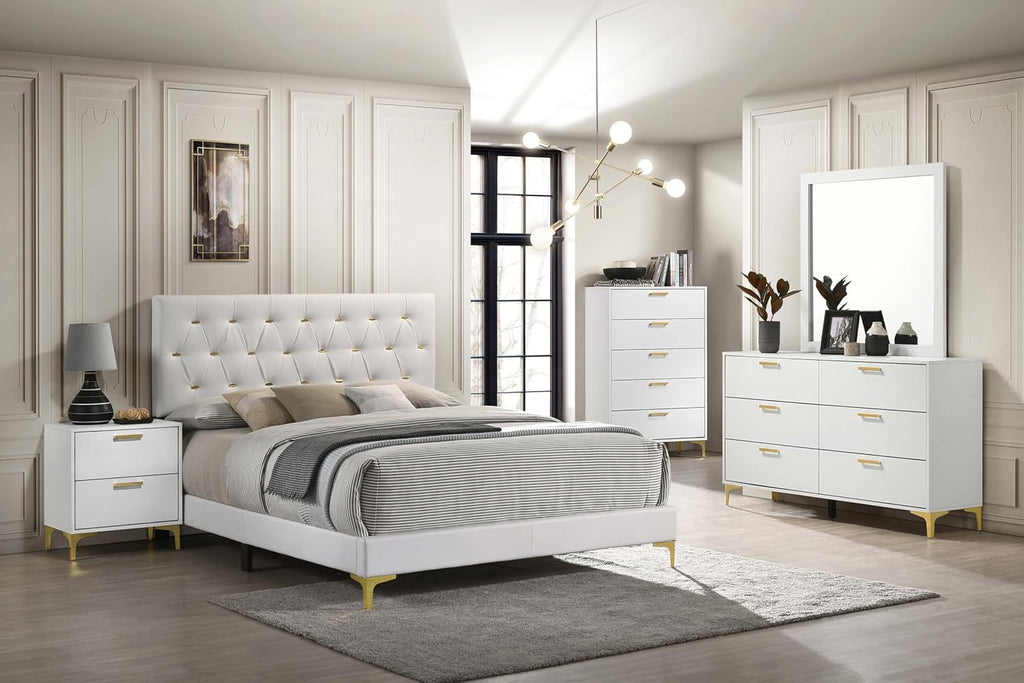 Coaster Home Furnishings Kendall 5-piece Modern Bedroom Set Eastern King Size Upholstered Tufted Bed Frame Velvet Upholstery Nightstand Dresser Mirror and Chest White 224401KE-S5