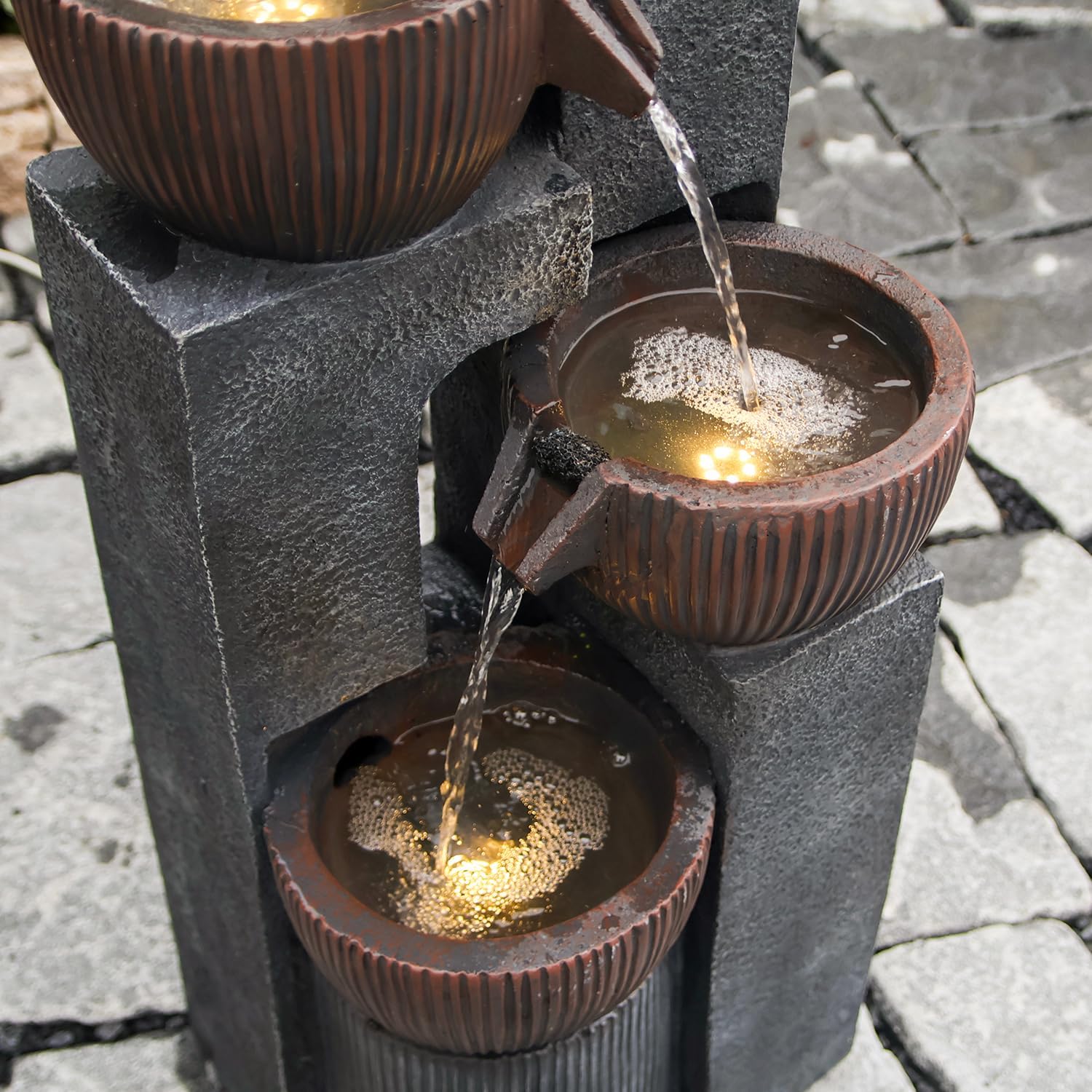 4 Tiered Cascading Outdoor Water Fountain with LED Lights 39.37''H Floor-Standing Garden Waterfall Fountains 4 Bowls Water Feature Fall for Patio Yard Porch Home Art Decor