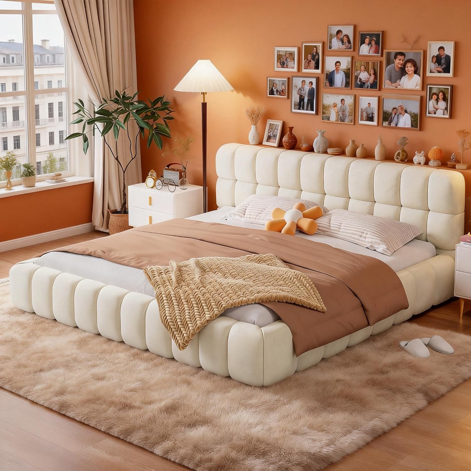 King Size Modern Cloud Bed,King Size Upholstered Platform Bed with Thick Fabric, Grounded Bed with Solid Frame,Floor Bed Frame (Beige)