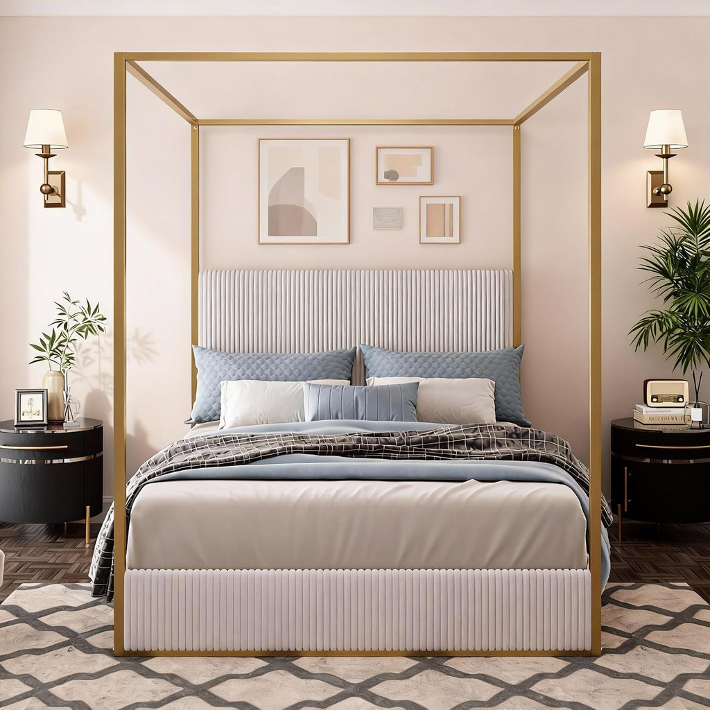 King Size Metal Canopy Bed with Tall Upholstered Channel Headboard and Gold 4 Poster, No Box Spring Needed (Beige+Gold, King)