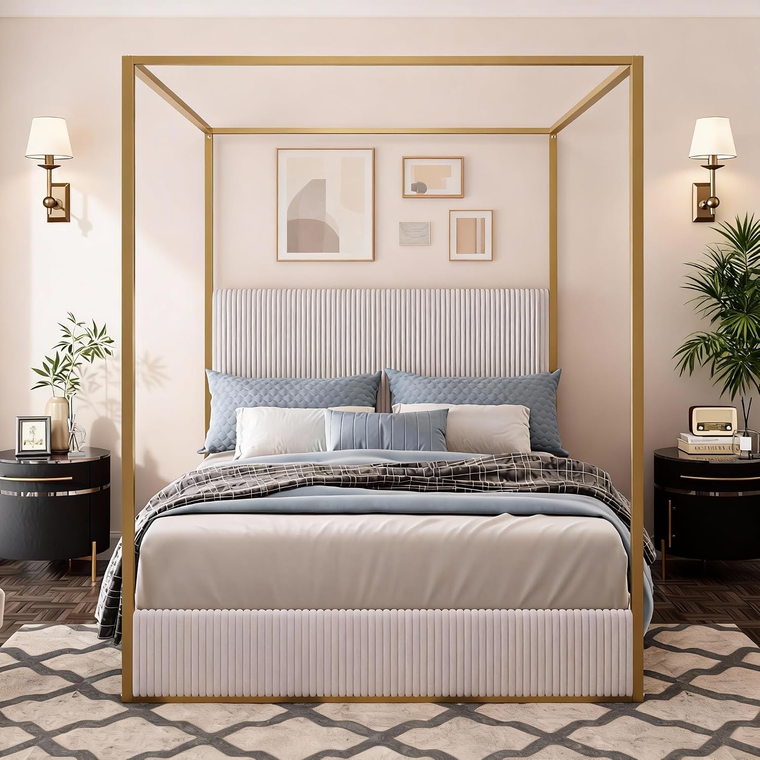 King Size Metal Canopy Bed with Tall Upholstered Channel Headboard and Gold 4 Poster, No Box Spring Needed (Beige+Gold, King)