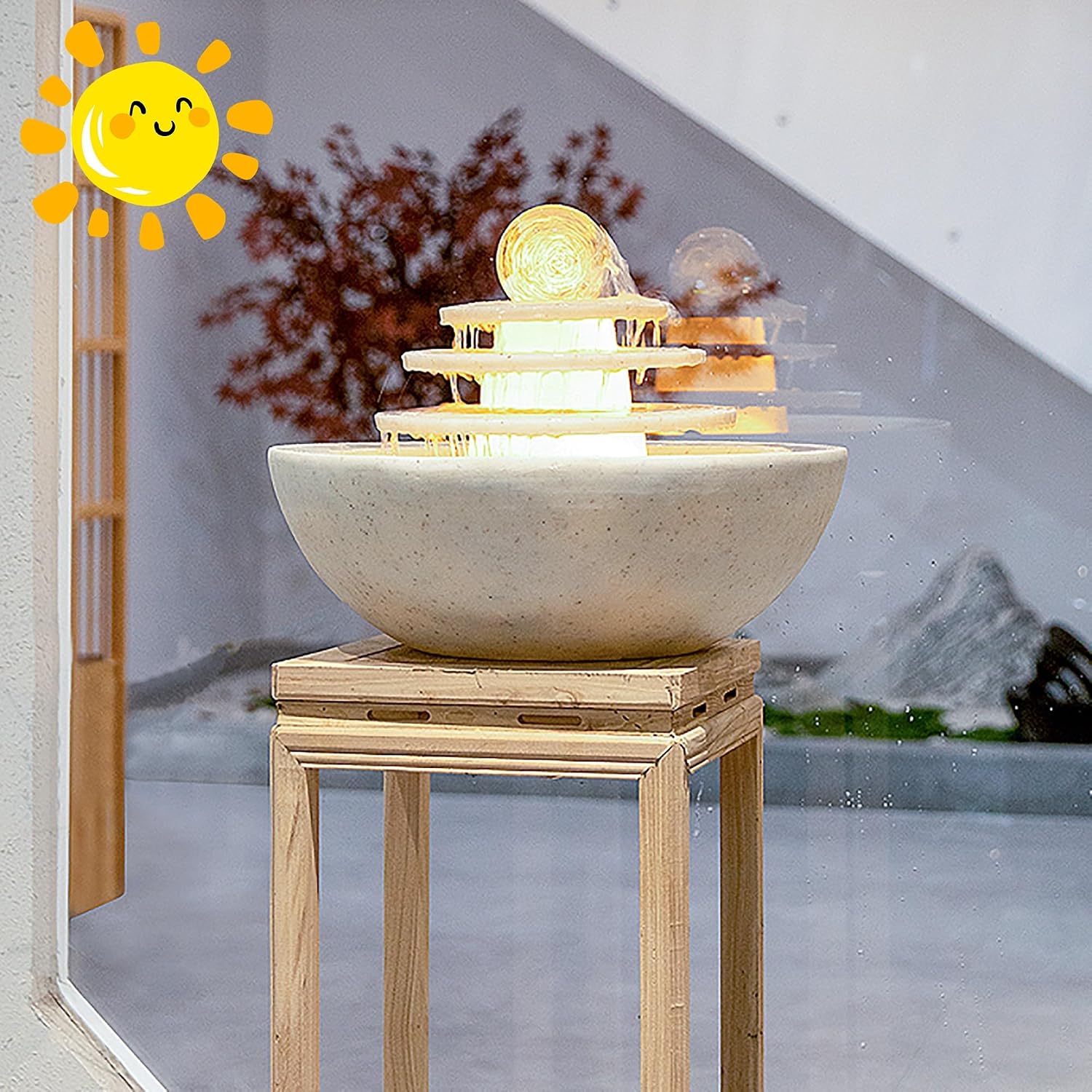 Water Fountain Indoor, Indoor Water Fountains Tabletop w/LED, Desktop Waterfall Fountain w/Water Pump, Lucky Ball Water Ornaments, Modern Light Luxury Living Room Rockery Fountain Landscape(White)
