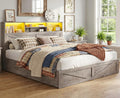 AOGLLATI Full Size Bed Frame with Storage Bookcase Headboard and 4 Drawers,Wooden Farmhouse Led Bed Frame Full Size with Charging Station & Metal Slats, Grey