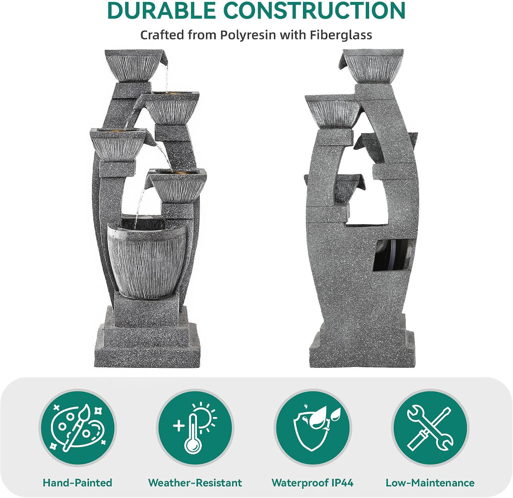40.5' Outdoor Fountain, Four-Column & Bowls Water Feature with LED Lights, Modern Resin Soothing Cascading Waterfall for Patio, Backyard, Garden or Porch