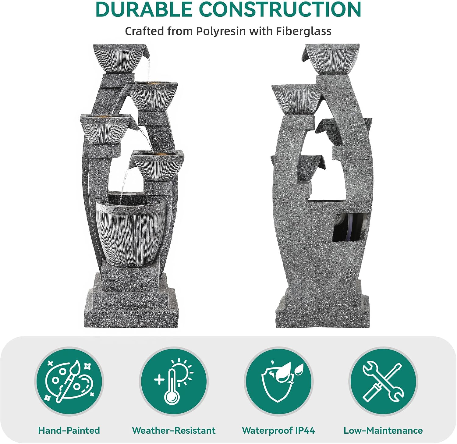 40.5' Outdoor Fountain, Four-Column & Bowls Water Feature with LED Lights, Modern Resin Soothing Cascading Waterfall for Patio, Backyard, Garden or Porch