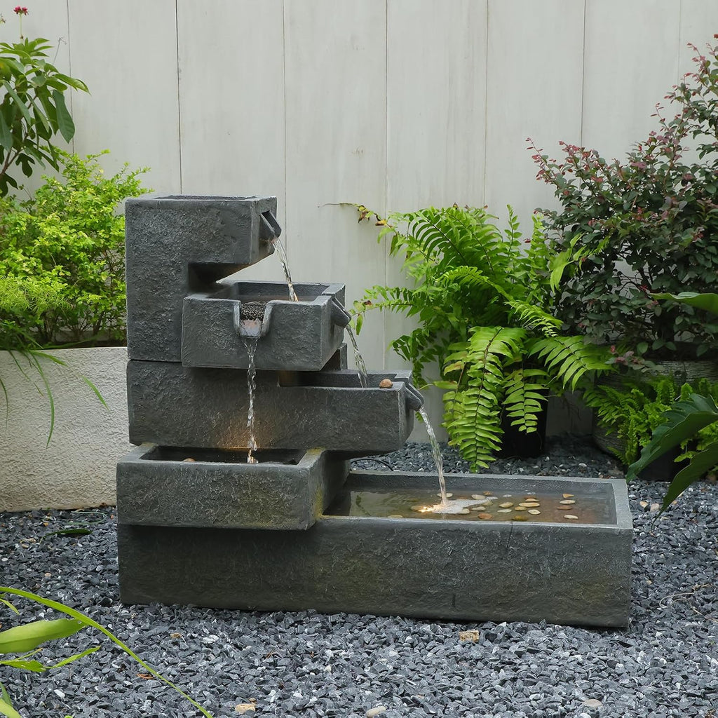 Sunlinua 26' H Outdoor Water Fountain with 4 Tiers Cascading Rock Texture Waterfall Fountains with LED Lights Outdoor Water Fountain for Garden Patio Backyard Porch Home Decor