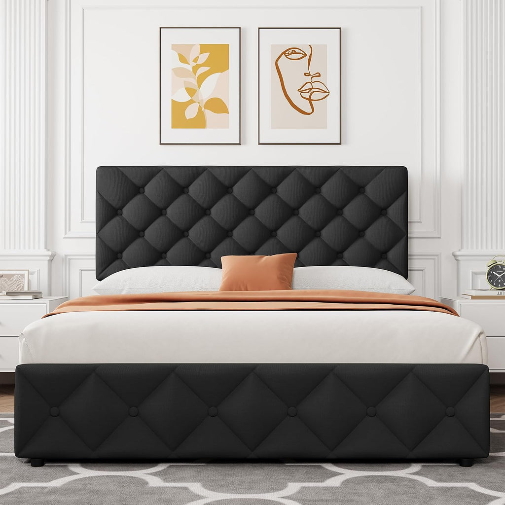 IDEALHOUSE Queen Size Bed Frame with 4 Storage Drawers and Adjustable Headboard, Linen Upholstered Platform Beds, Diamond Stitched Button Tufted, No Box Spring Needed, Black