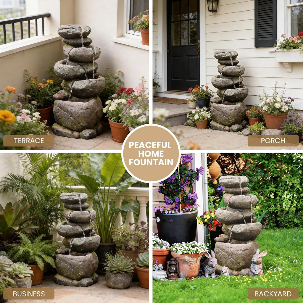 Bumilgar 27.8' H Outdoor Water Fountain with LED Lights, 5-Tier Cascading Stone Waterfall Fountain, Natural Rock Resin Outdoor Water Fountain for Garden Patio Backyard Porch Indoor Decor