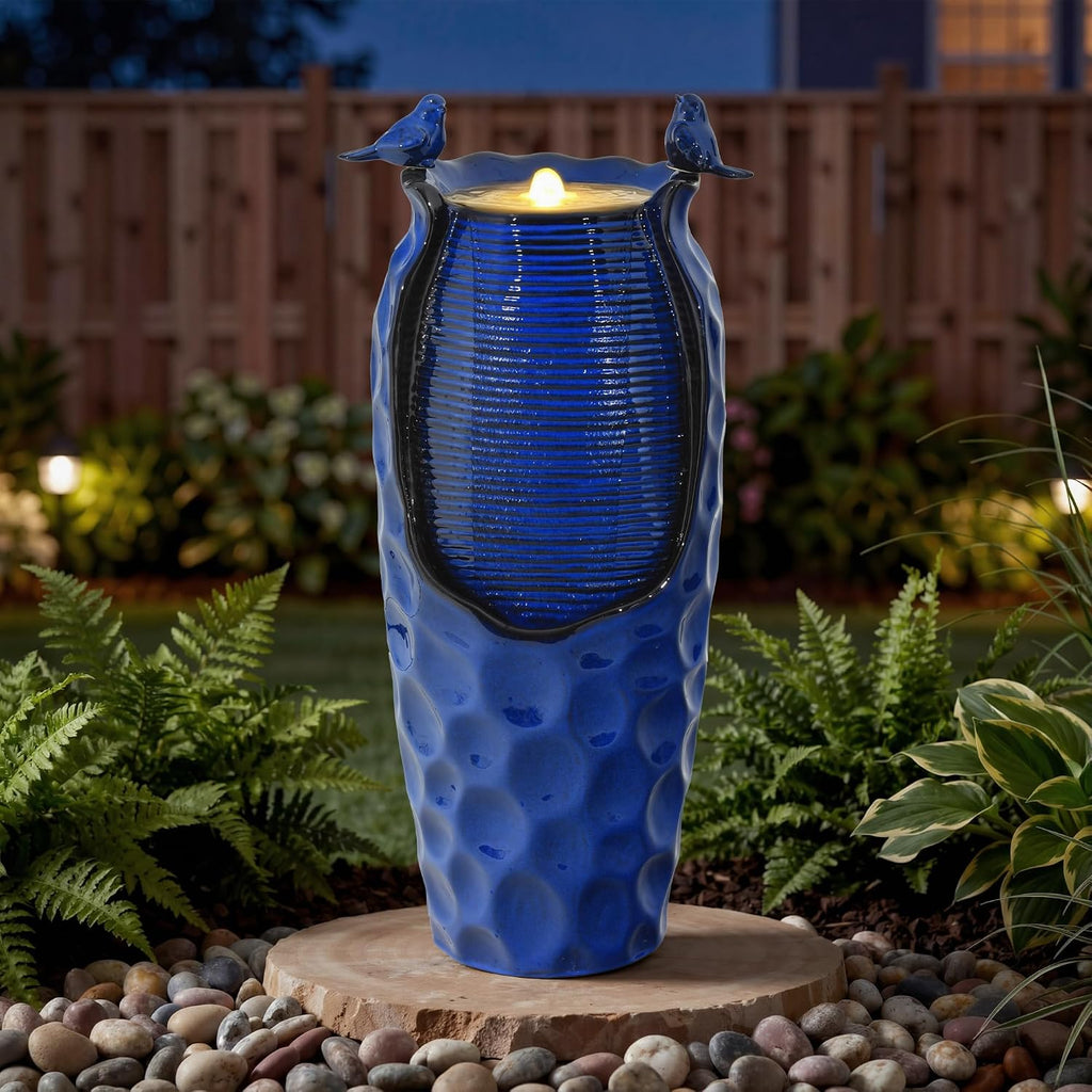 33' H Ceramic Jar Outdoor Water Fountain, Cobalt Blue Water Feature with Hammered Texture & Birds, Soothing Cascading Waterfall for Outside Garden Patio Yard Porch Decor, Mom Gift