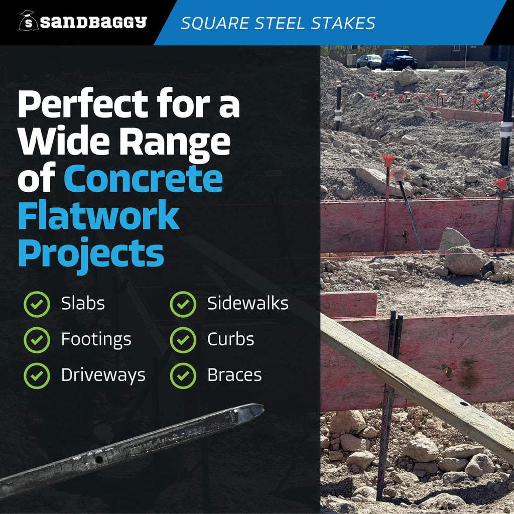 Sandbaggy 18' Square Steel Concrete Form Stakes with Nail Holes - 5/8' Wide - Rust Resistant - Removable/Reusable - Construction Grade Rebar Pins (Square Nail Stakes, 50, Count)