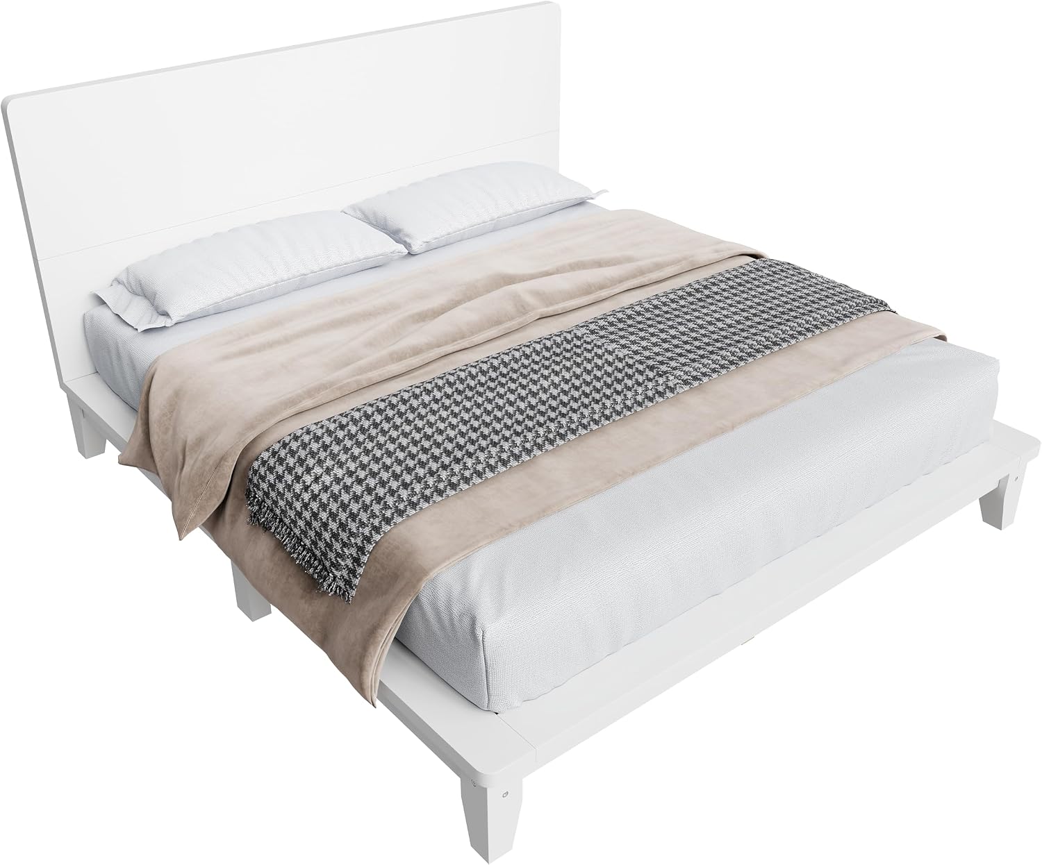 Merax Queen Size Solid Wood Platform Bed Frame, Modern Comfortable with Headboard, Slat Support, No Box Spring Needed, White