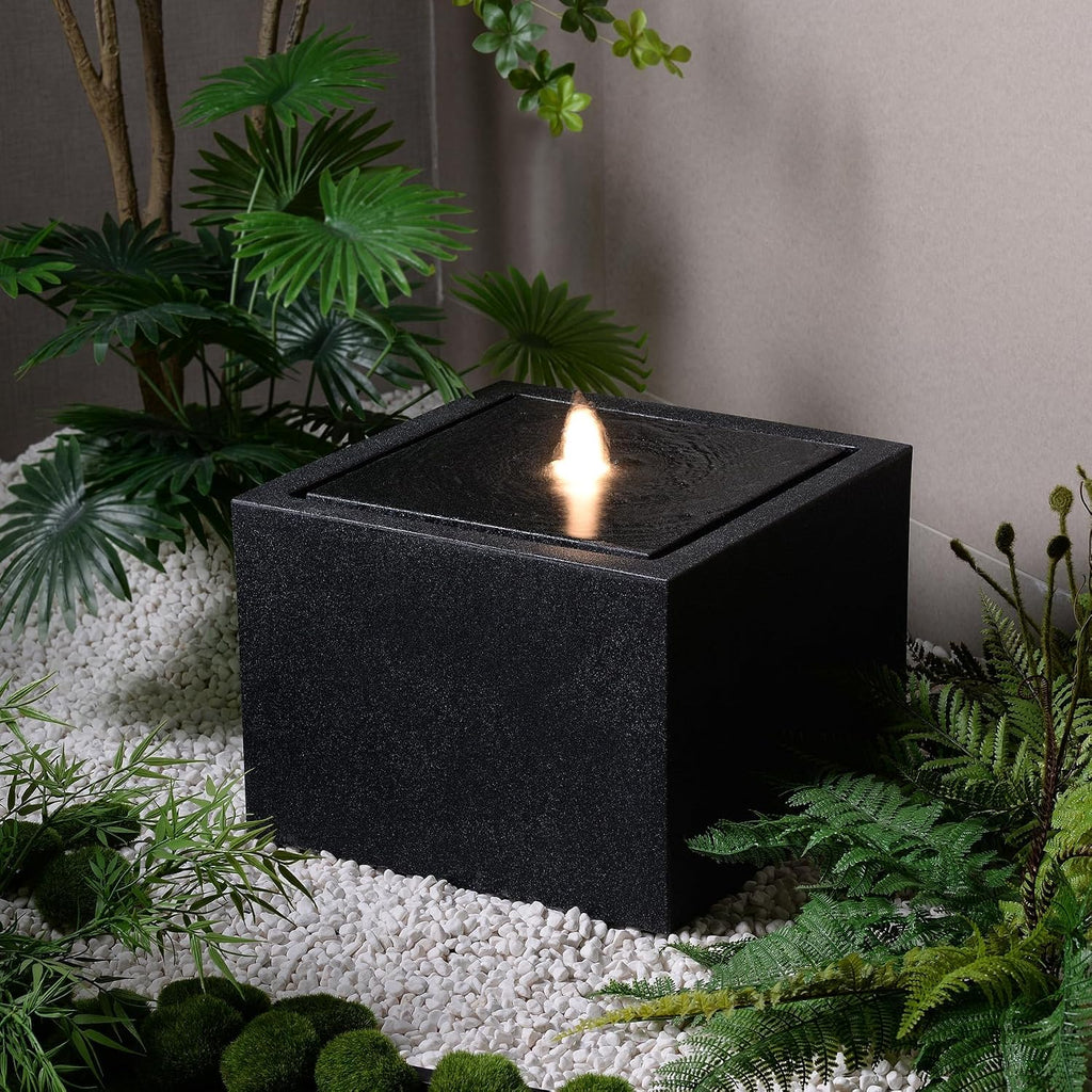 12.79' H Outdoor Water Fountain Made with Eco-Friendly Recyclable Materials, Polyethylene Square Bubbler Outdoor Fountain, Garden Decor with LED Light for Patio, Porch, Backyard