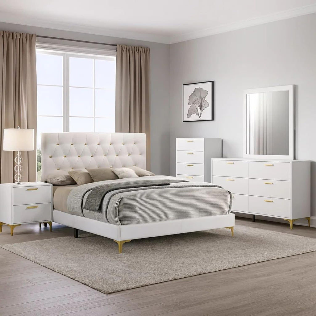 Benzara Dle 5 Piece Queen Bedroom Set, White Faux Leather, Modern Gold Accents
