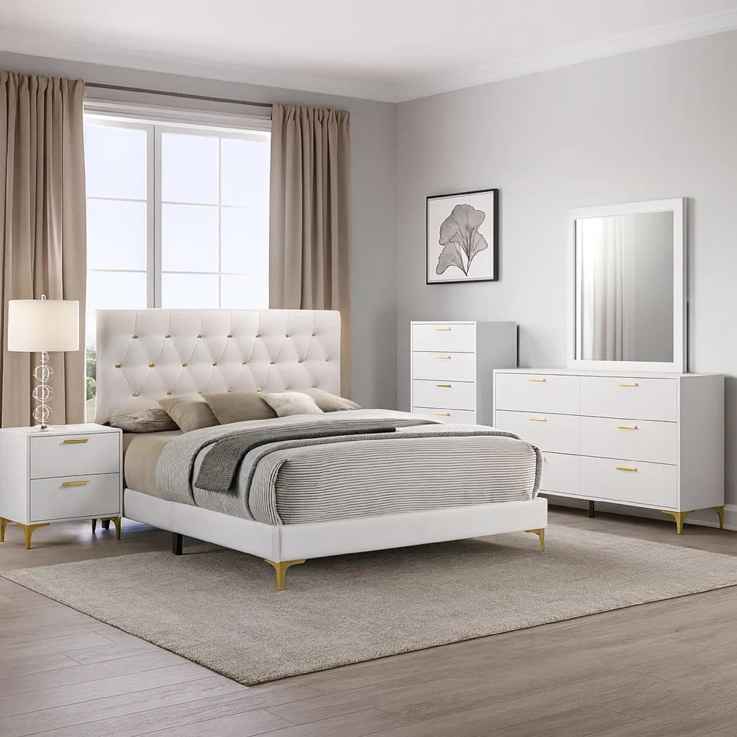 Benzara Dle 5 Piece Queen Bedroom Set, White Faux Leather, Modern Gold Accents