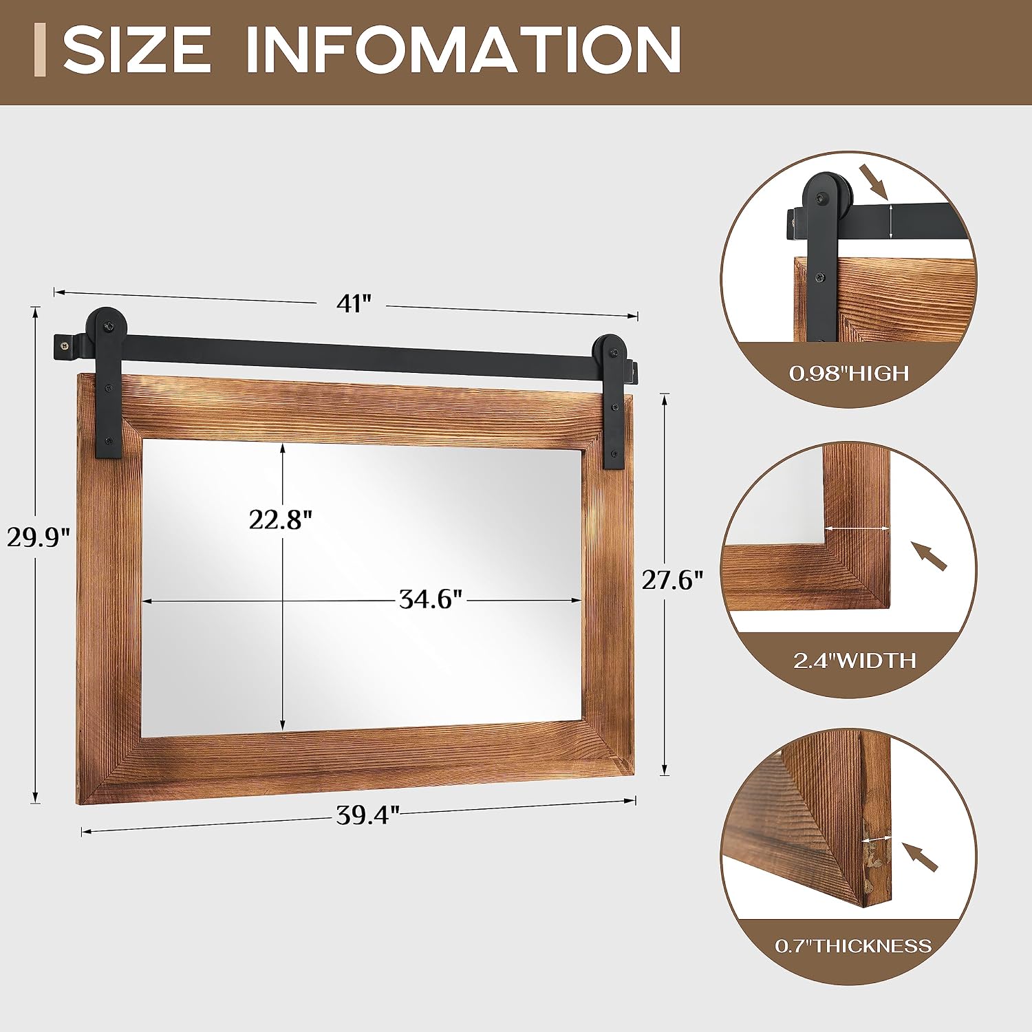 COGOOD Farmhouse Bathroom Mirror - 41' x 30' Rustic Barn Door Mirror for Living Room, Entryway, Bedroom, Vanity Wall Decor (Brown)
