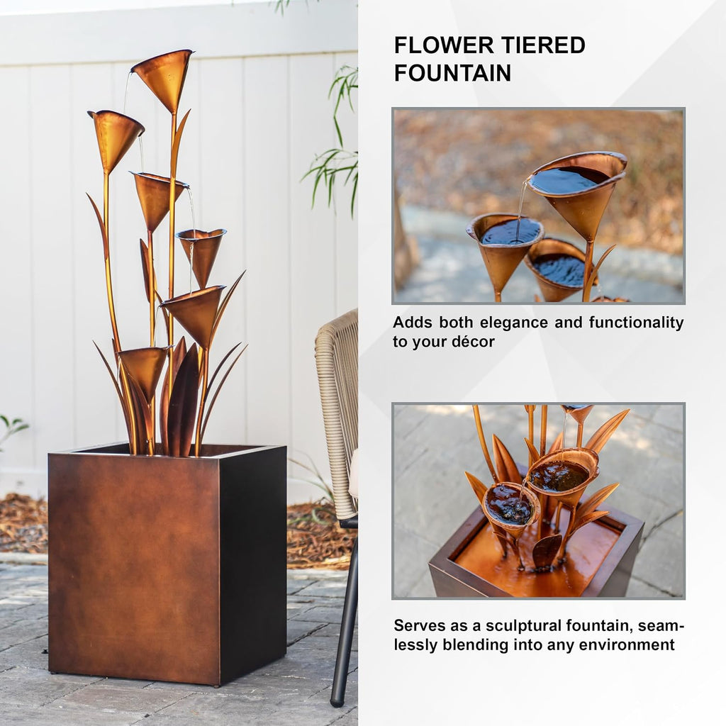 XBrand 46' Tall Bronze Metal Sculptural Flower Multi-Tier Freestanding Water Fountain Without LED Lights
