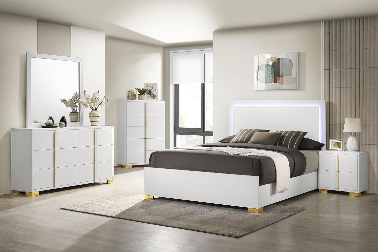 Coaster Home Furnishings Marceline Contemporary 5-Piece Bedroom Set Queen Size LED Panel Bed Frame 51-inch Headboard White 222931Q-S5