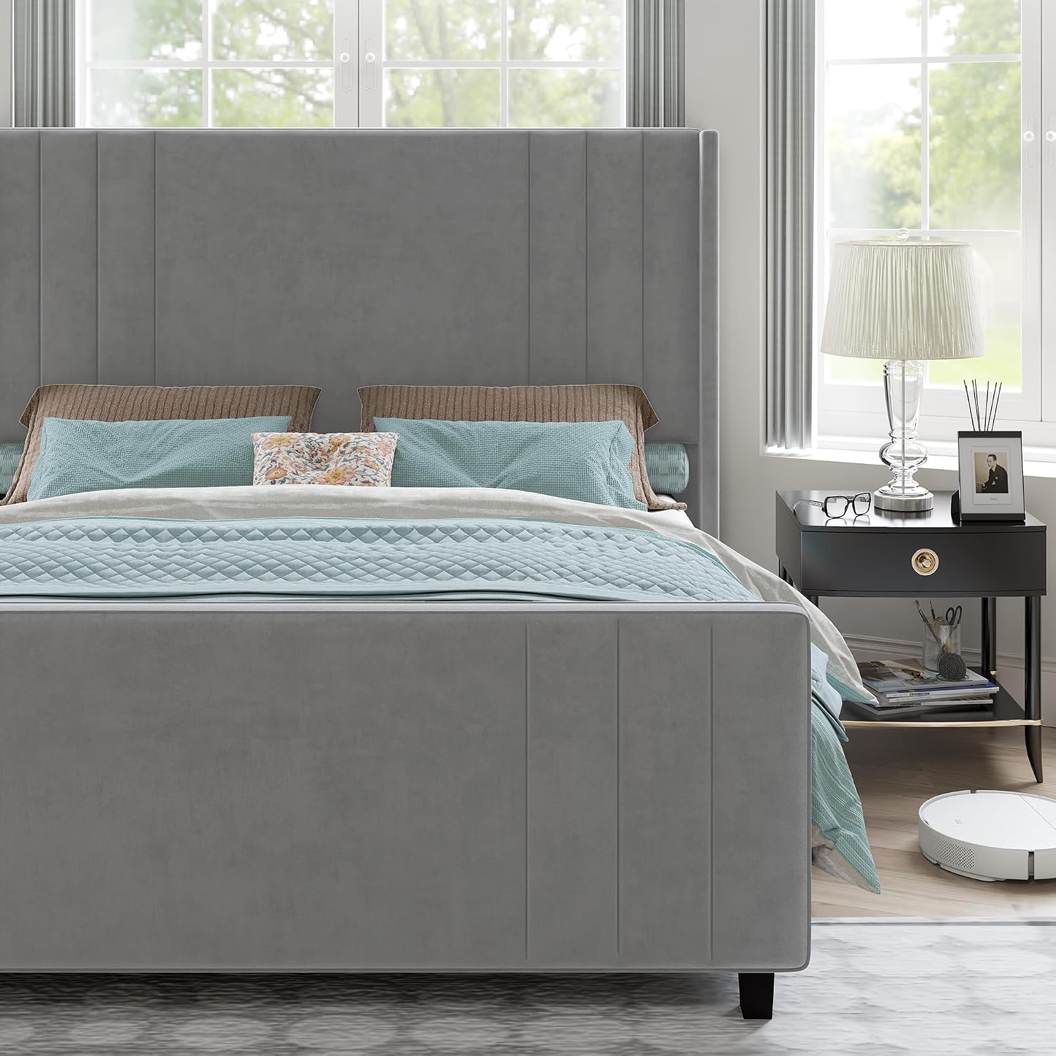 AMERLIFE King Size Bed Frame, Velvet Upholstered Platform Bed with Vertical Channel Tufted Headboard & Footboard/Wingback, Mattress Foundation with Wood Slats, No Box Spring Needed, Light Grey
