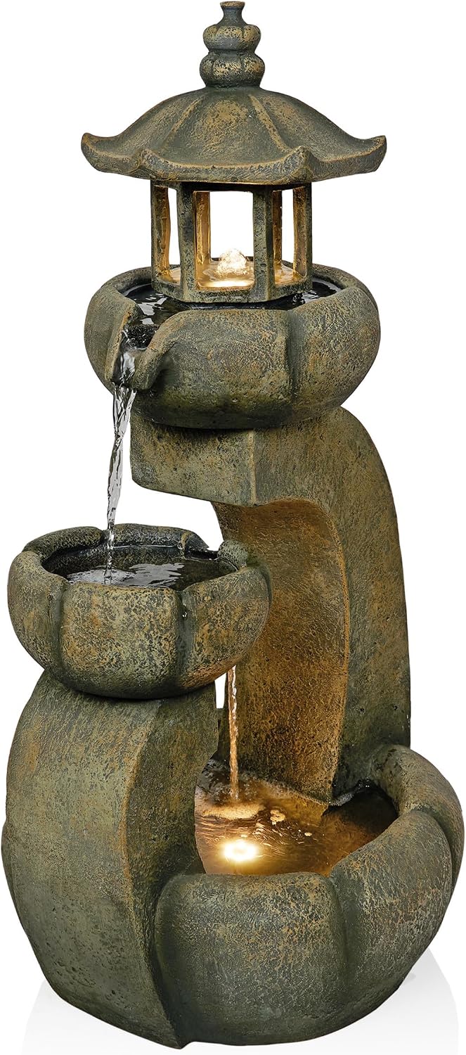 Alpine Corporation 32' Tall 2-Layer Pagoda Polystone Fountain with LED Lights, Cascading Waterfall, Outdoor Garden and Patio Water Feature, Zen Decor, Relaxing Sound, Brown